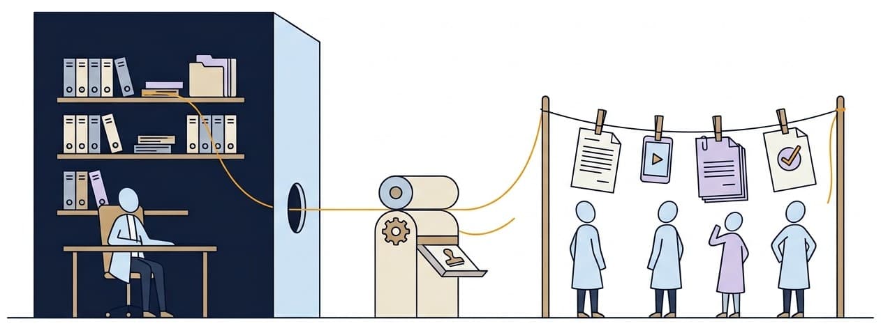 The firm's private archive on the left; one thread leaves it, passes through a small press and hangs four finished pieces on a line where four buyers stand looking up at them.