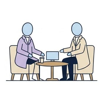 At a coffee table with a colleague, a short video on a small screen between them.