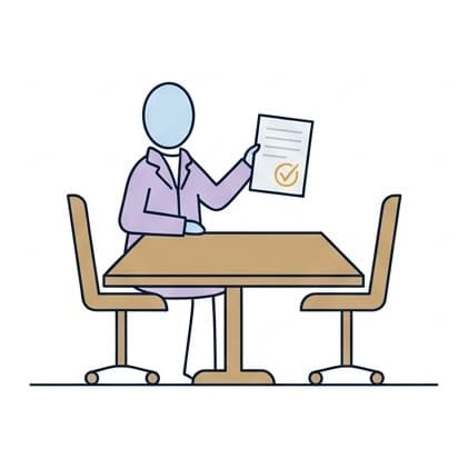 At a boardroom table, holding up a document with a circled tick.