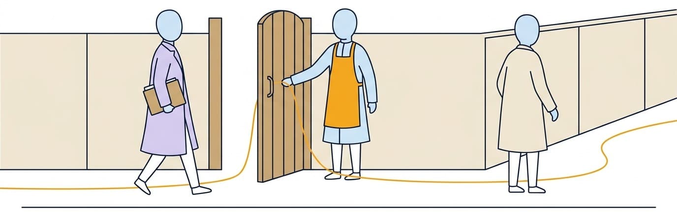 A low garden wall with a wooden gate held open by an operator in an apron. One founder walks through carrying a folder; another figure is turned toward a different path. A marigold thread runs along the ground through the gate.